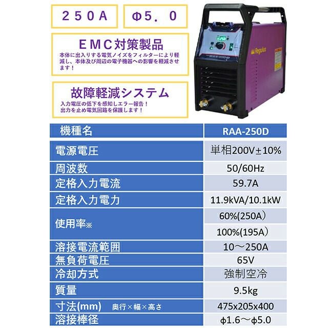 レグルスインバーター直流溶接機RAA-250D【法人様限定】【代金引換不可】【北海道・沖縄・離島不可】