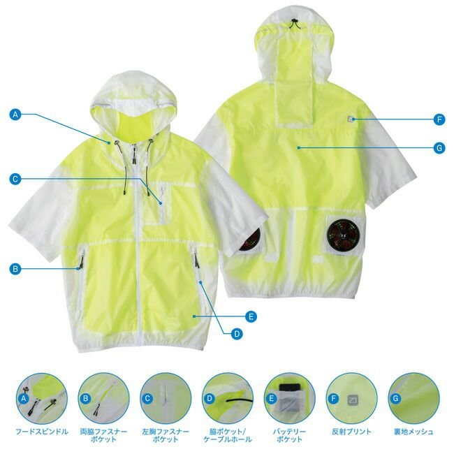 【2023年ファン&バッテリー付き】空調風神服bigborn空調ウェア【EBA5098】半袖フード付きジャケット