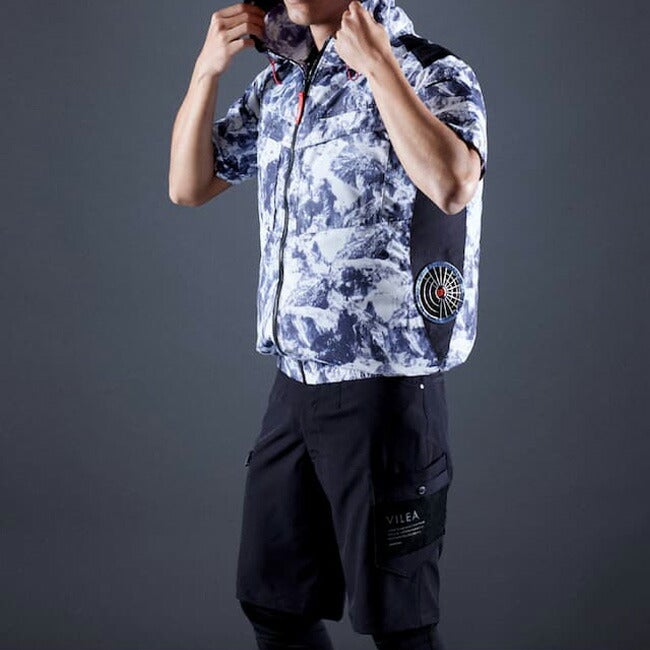【2026年30V専用バッテリー＆ファン付き】村上被服HOOH快適ウェア服空調ウェア【V8817】サイドファン半袖フードジャケット|夏涼しいクール空調ウェア服作業着夏場現場作業熱中症対策おしゃれかっこいいカジュアルメンズレディース作業着作業服