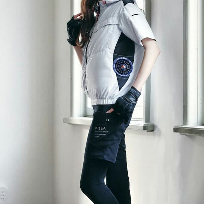 【2026年30V専用バッテリー＆ファン付き】村上被服HOOH快適ウェア服空調ウェア【V8817】サイドファン半袖フードジャケット|夏涼しいクール空調ウェア服作業着夏場現場作業熱中症対策おしゃれかっこいいカジュアルメンズレディース作業着作業服