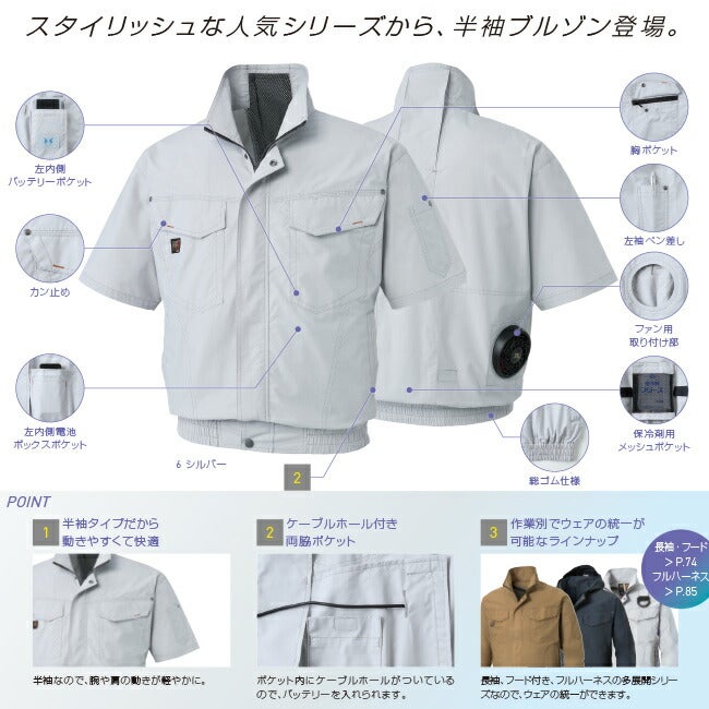 【2026年24V日本製バッテリー＆ファン付き】サンエスSUN-S空調風神服KF91450半袖ブルゾンコットンブロード｜新モデル新色UVカット胸ポケットベストメッシュマジックパターン涼しい夏夏用おしゃれカジュアルメンズレディースKU91450